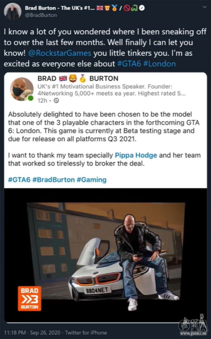 Tweet de Brad Burton à propos de GTA 6