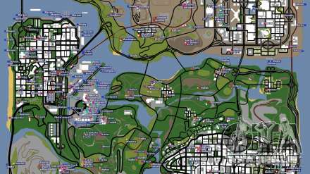 Carte montrant la localisation des véhicules dans GTA San Andreas